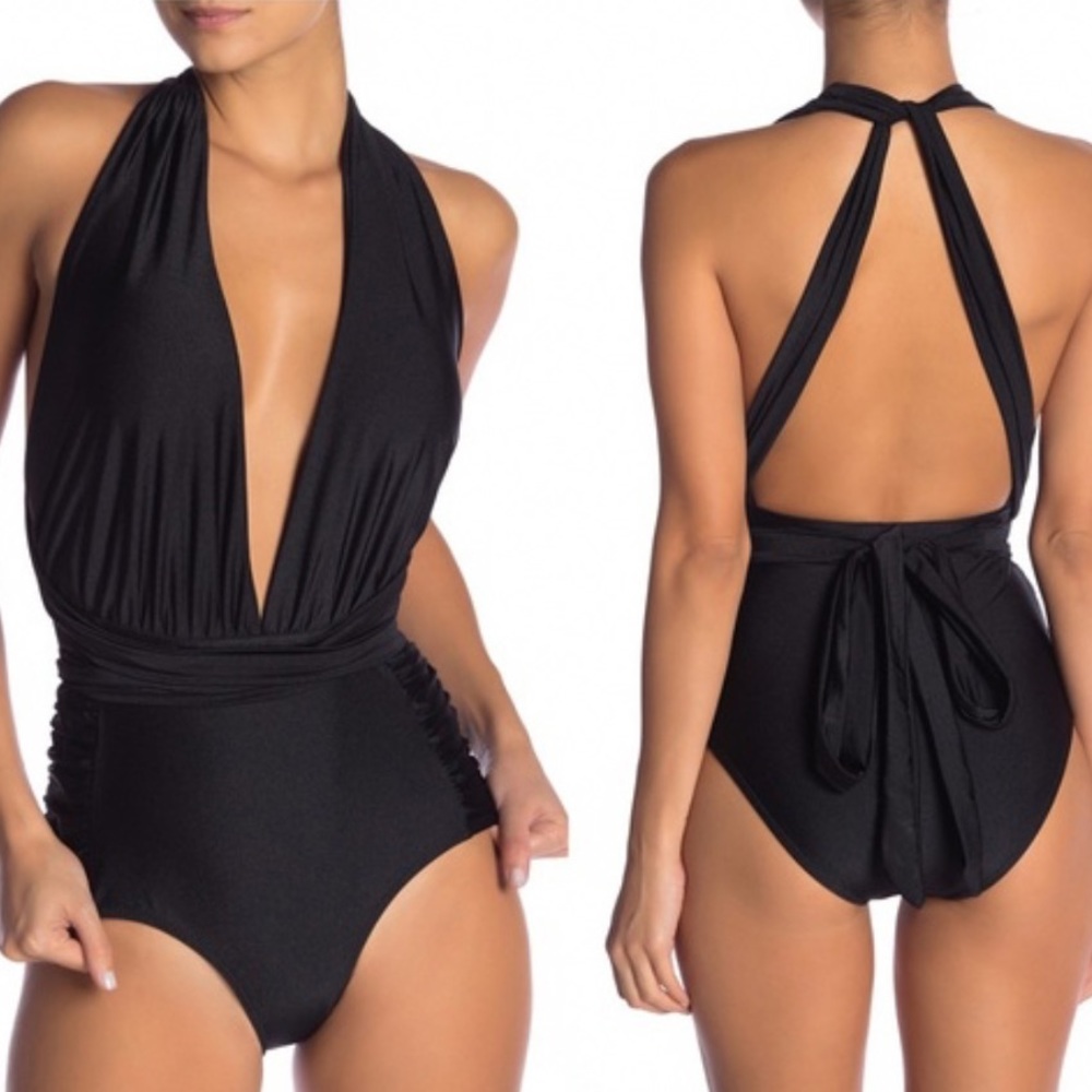 Nicole Miller One Piece Convertible Black Halter Swimsuit